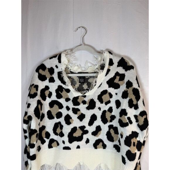 Just Polly Sweater Womens Small Ivory Leopard Print Distressed - Picture 2 of 11